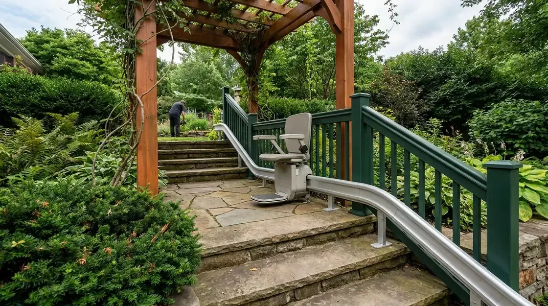 Stair lift rail curving around a stone landing on garden steps