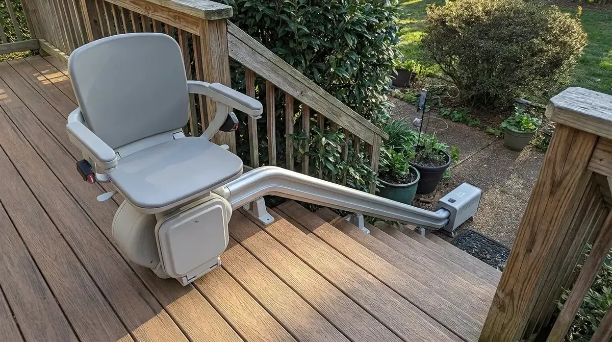 Outdoor stair lift chair parked at the top of deck stairs beside its rail