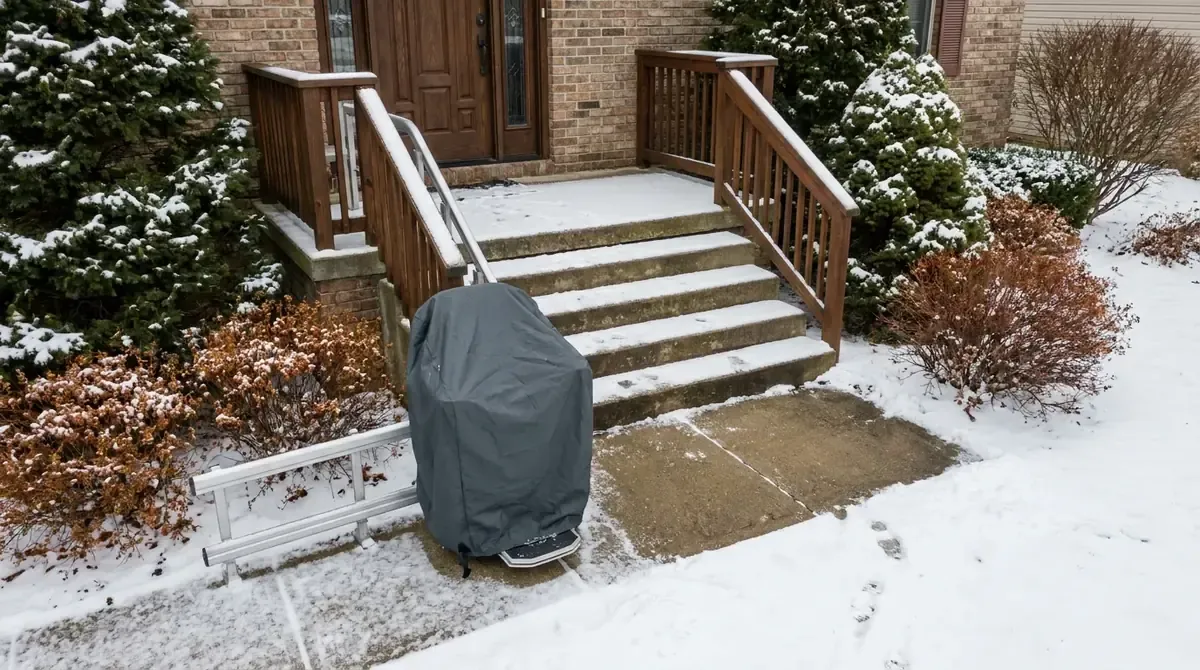 Outdoor stair lift parked at the foot of concrete porch steps dusted with snow