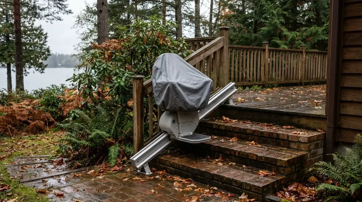 Outdoor stair lift under a grey weather cover on brick steps
