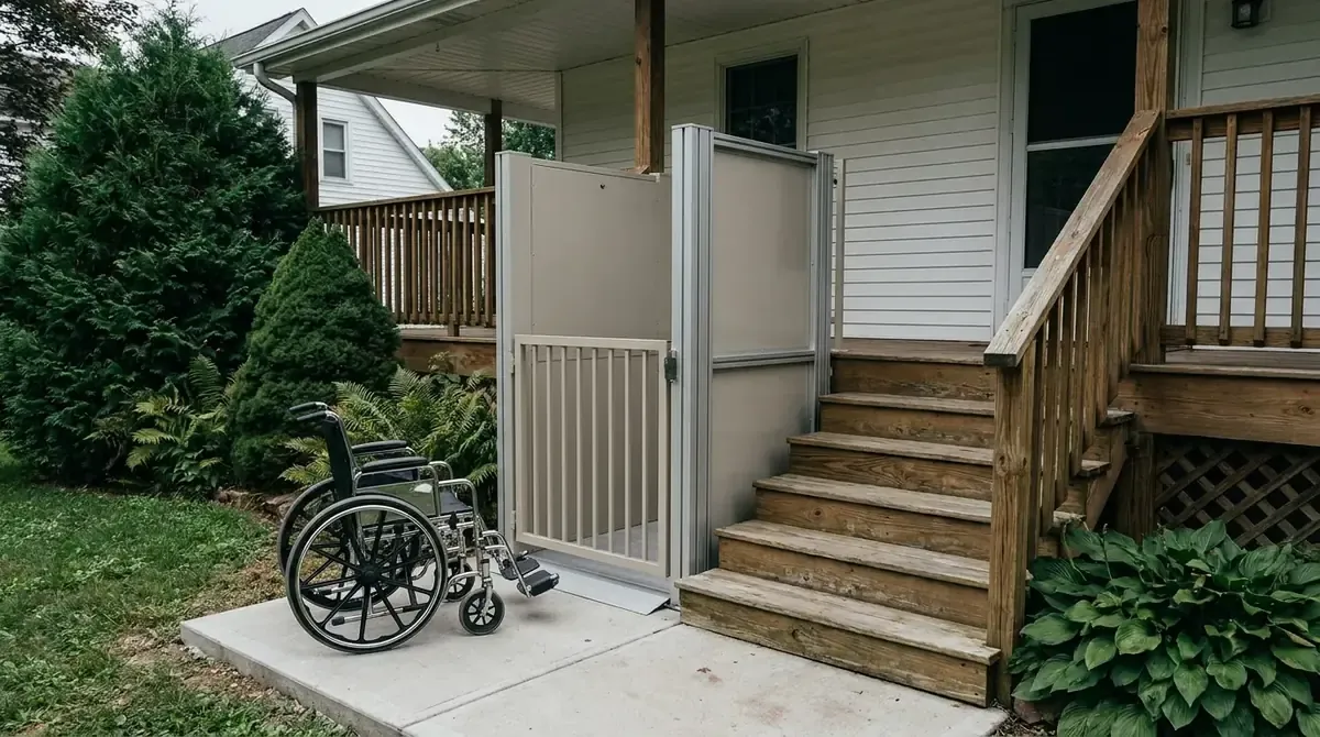 Porch lift with a gated platform beside the front steps of a house
