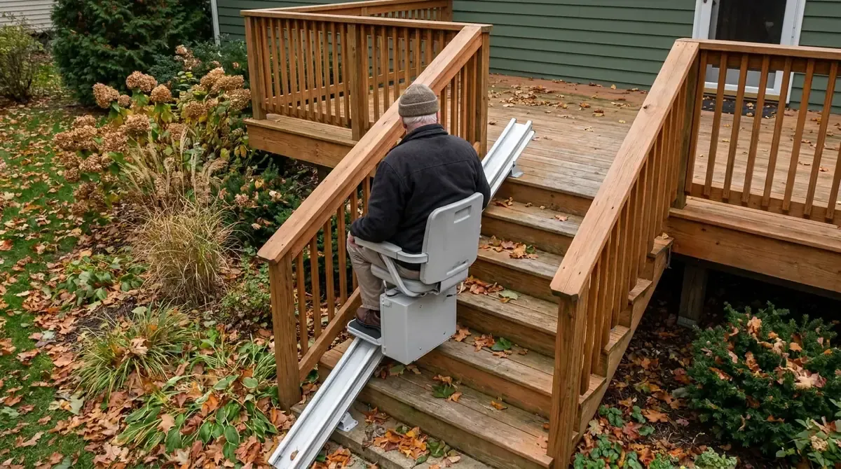 Older man seen from behind riding an outdoor chair lift up wooden deck steps