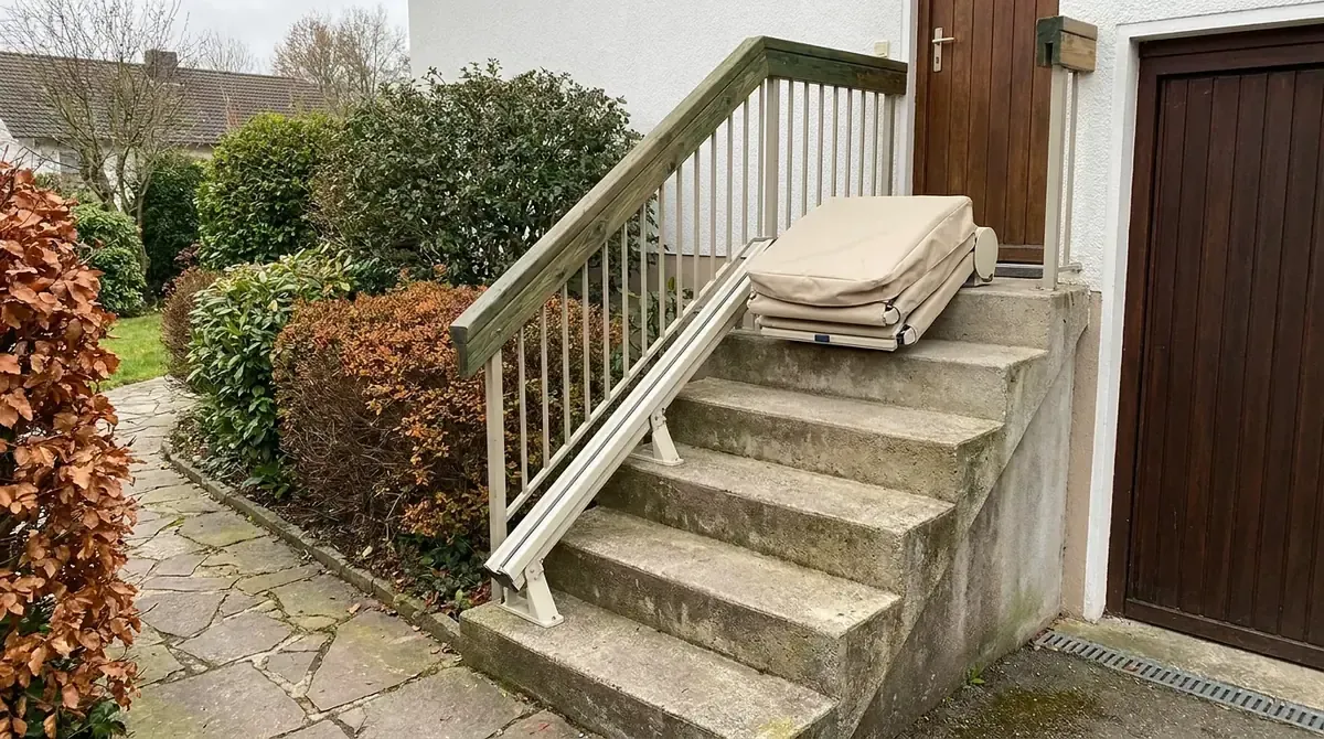 Pre-owned outdoor stair lift on poured concrete steps at a side door