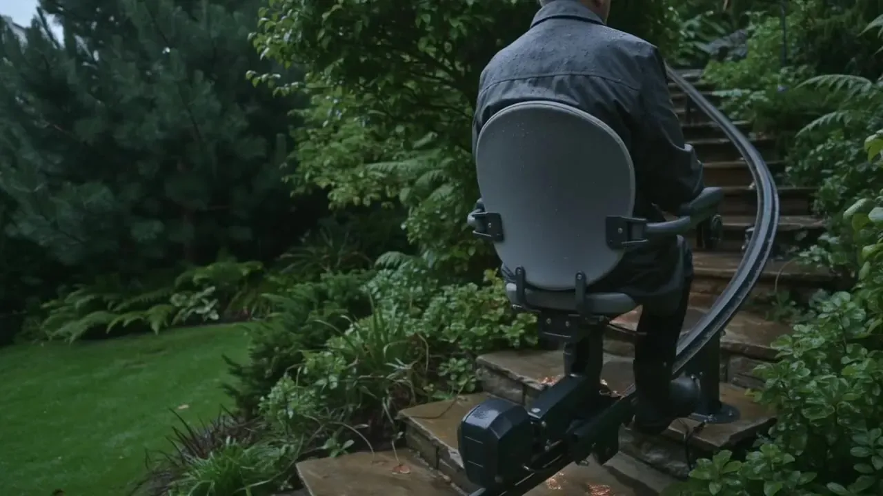Older man in a raincoat riding an outdoor stair lift up wet garden steps